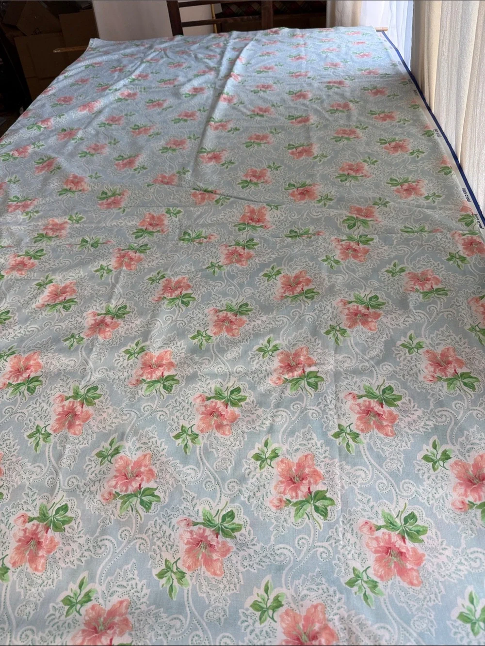 Vintage Blue Pink Floral Cotton Blend Fabric/Flat Sheet 2.5+ Yards x 72” Wide